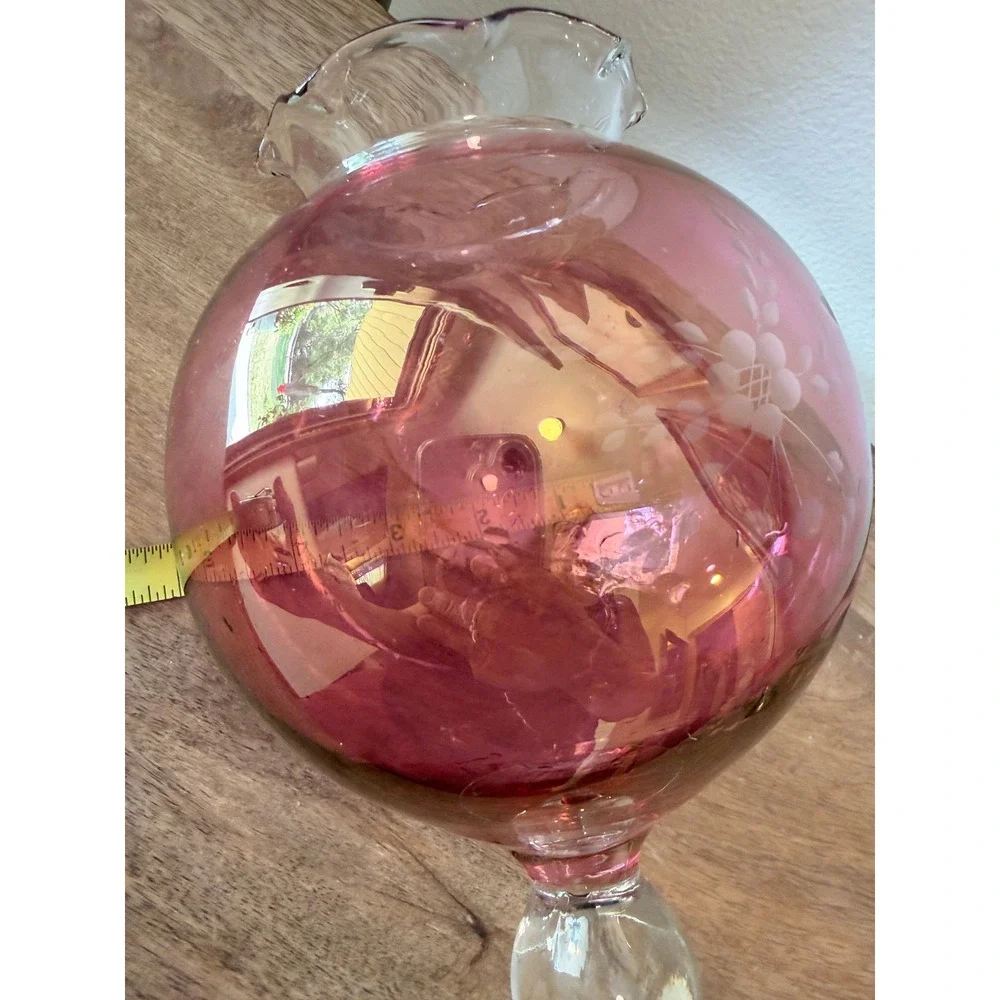 Vintage Cranberry Glass Etched Floral Pedestal Vase Ruffled Rim 7.75 Inch